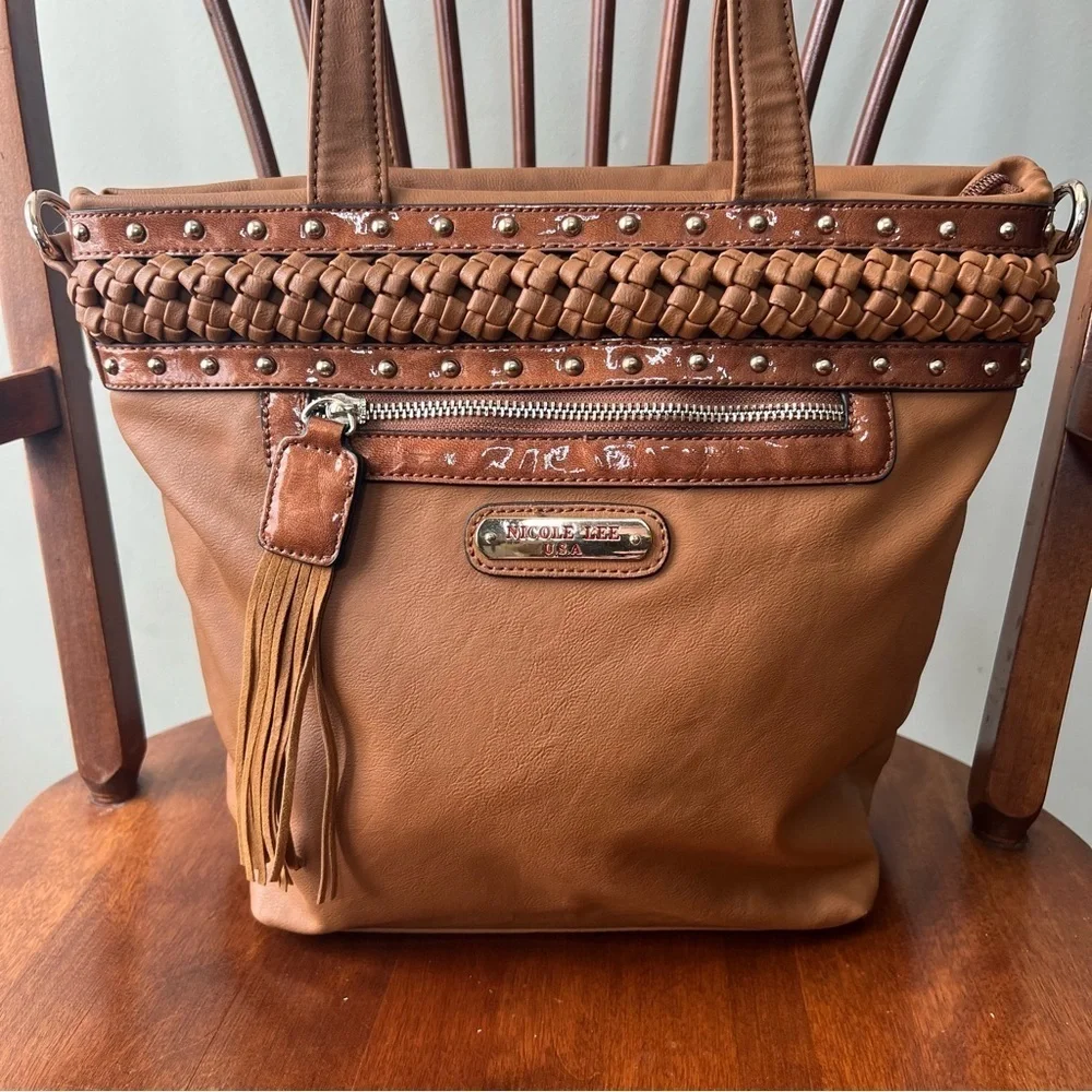 Nicole Lee USA brown studded braided bag faux leather 14 x 11 x 5.5 inches